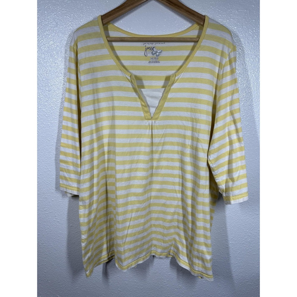 JMS Just My Size Shirt Womens 3X Yellow White Stripe Split V Neck‎ 3/4 Sleeve